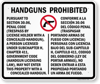 Bilingual Handguns Prohibited Sign for Texas State  (section 30.06)